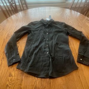 NWT Theory Larissa 2 Luxe Leaf Long Sleeve button Down Shirt Top Dark Gray Green